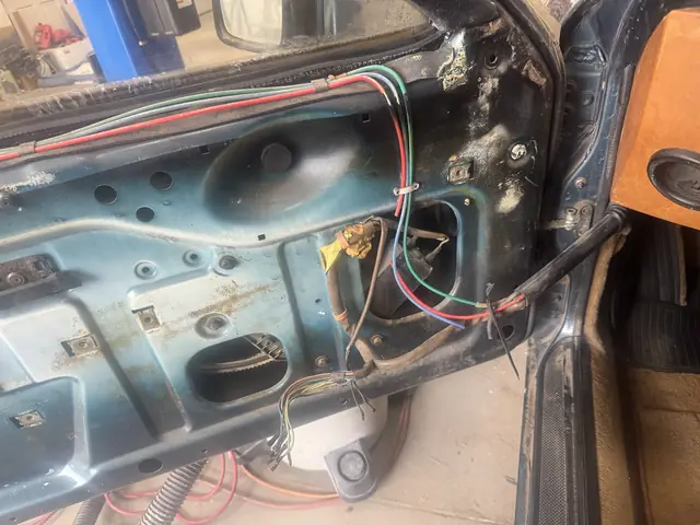 Driver's door: hinge-side wiring and speaker opening